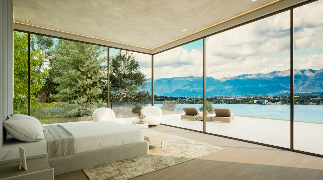 Architecture moderne d'une villa suisse avec grandes baies vitrées et lignes épurées
